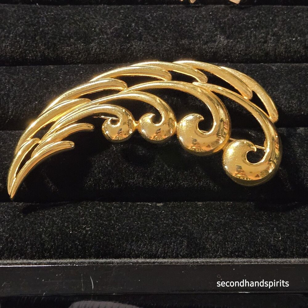 Vintage Napier Gold Tone Metal Feather Ocean Tide Pin Brooch Large 3.5" Costume